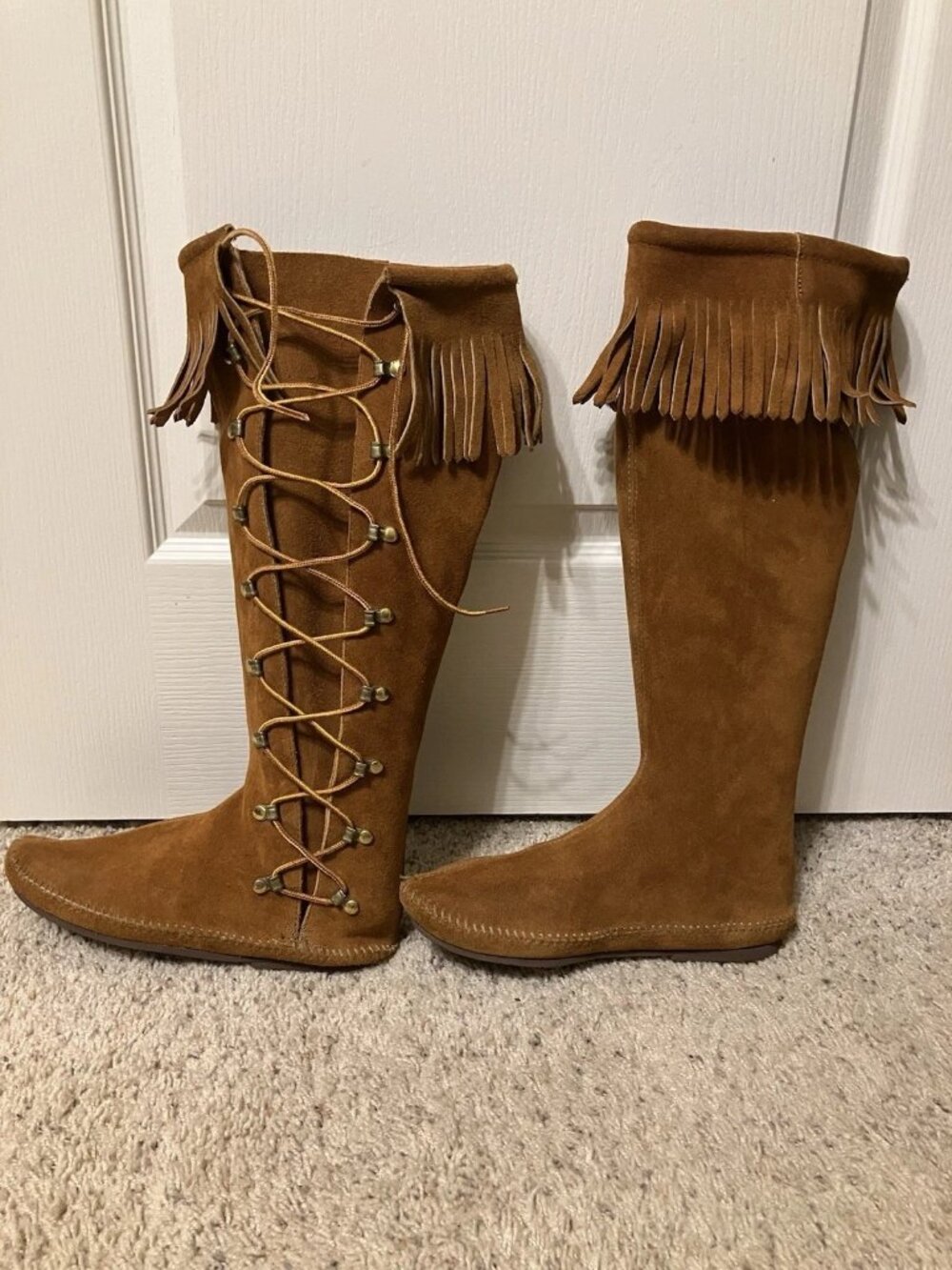 MINNETONKA Fringe Boots MOCCASINS Brown Suede BOHO Made in USA - Sz 8